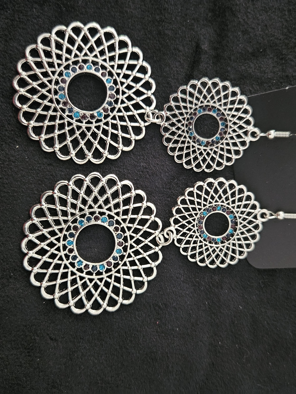 paparazzi Silver-Tone Filigree Drop Earrings with Blue and Teal Rhinestones